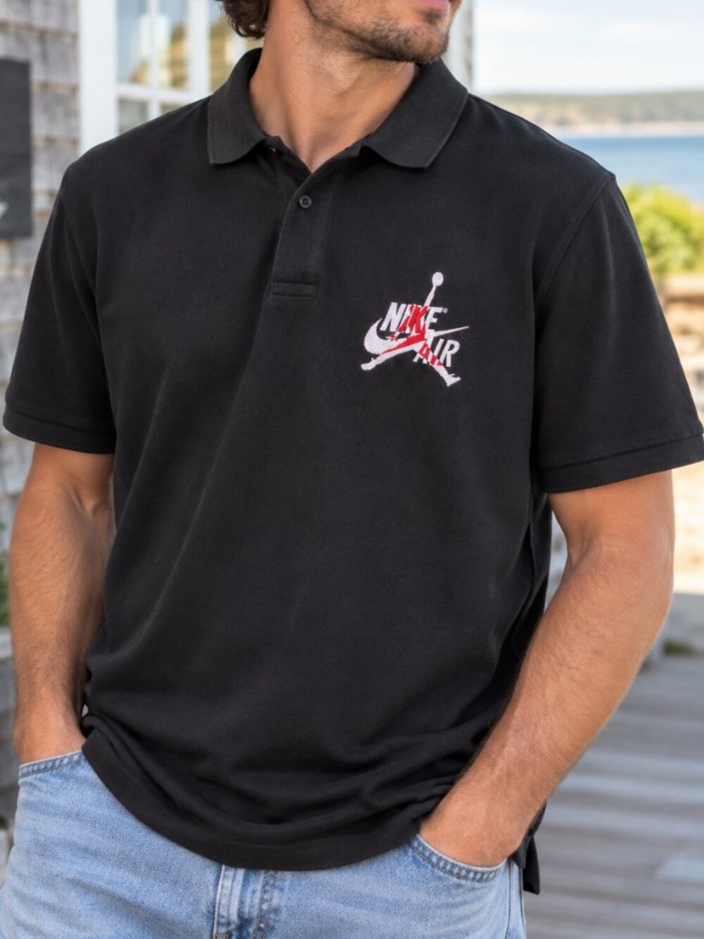 Nike Air Jordan Embroidered Graphic Polo Black Large